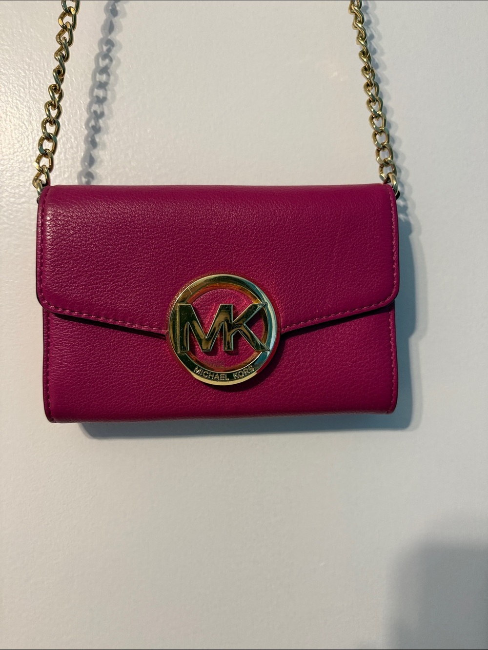 Michael Kors Fuchsia Leather Chain Crossbody Wallet with Gold MK Emblem